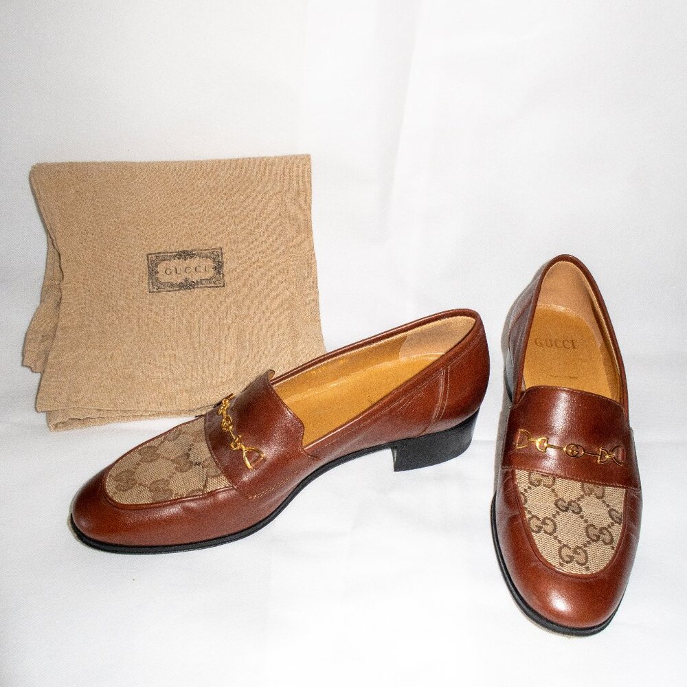 Gucci Leather & GG Logo Canvas Heeled 100 Loafers (IT/EU 38, US 7.5 - 8)